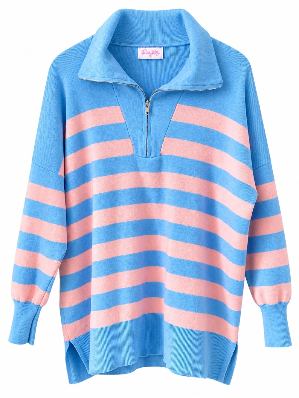 Pink Lily Sunday Stripe Club Pink Blue Quarter Zip Oversized Sweater S